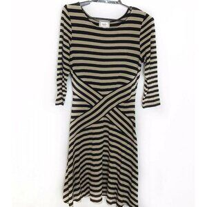 ECI Women's Striped Black and Tan Fit & Flare Stretch Dress Size XS 3/4 Sleeve